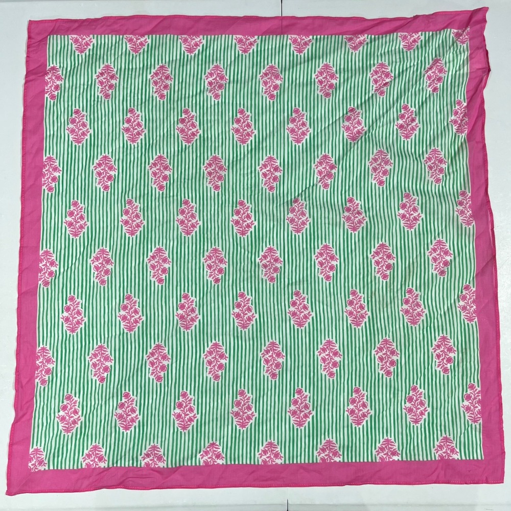 J.Crew Boho Block Print Scarf Green Floral Striped Cotton Square Neck Head Wrap